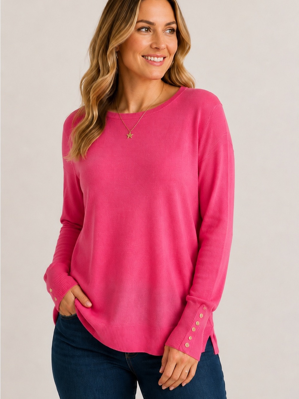 Retrology 1X Bright Pink Lightweight Knit Sweater Button Cuff Pullover